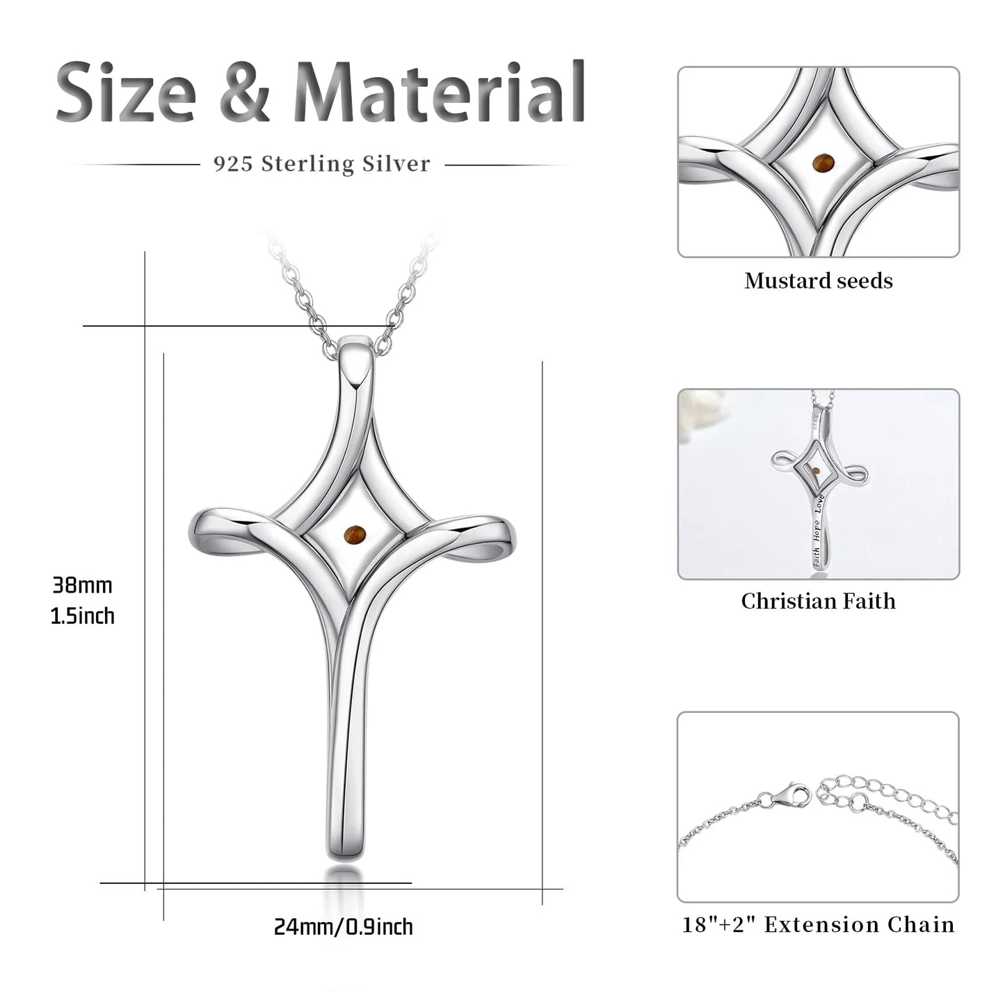 Mustard Seed Faith Cross Necklace 925 Sterling Silver Faith Hope Love Pendant Necklace Inspirational Religious Necklace Christian Faith Jewelry Gift for Women