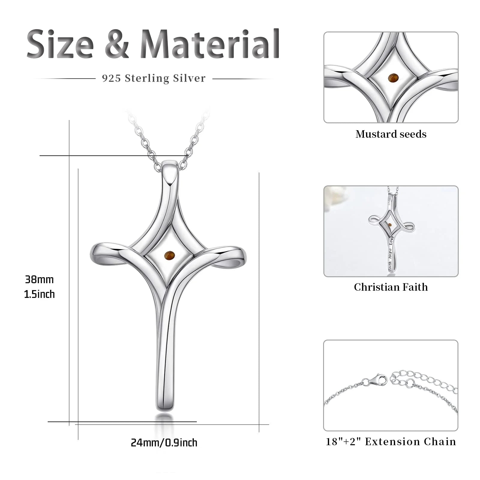 Mustard Seed Faith Cross Necklace 925 Sterling Silver Faith Hope Love Pendant Necklace Inspirational Religious Necklace Christian Faith Jewelry Gift for Women