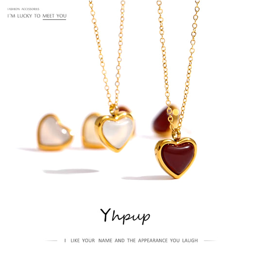 Elegant Stainless Steel Heart Pendant Necklace with Natural Agate Stone - Perfect Gift for Women